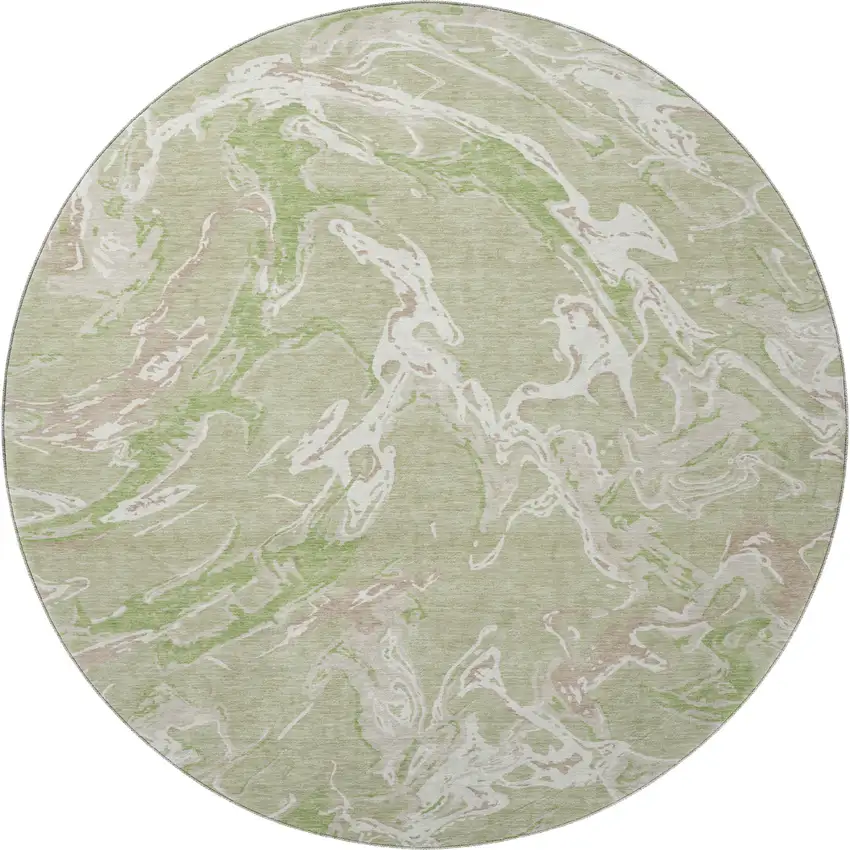 8' Artichoke Green Taupe And Ivory Abstract Washable Round Rug With UV Protection Photo 2