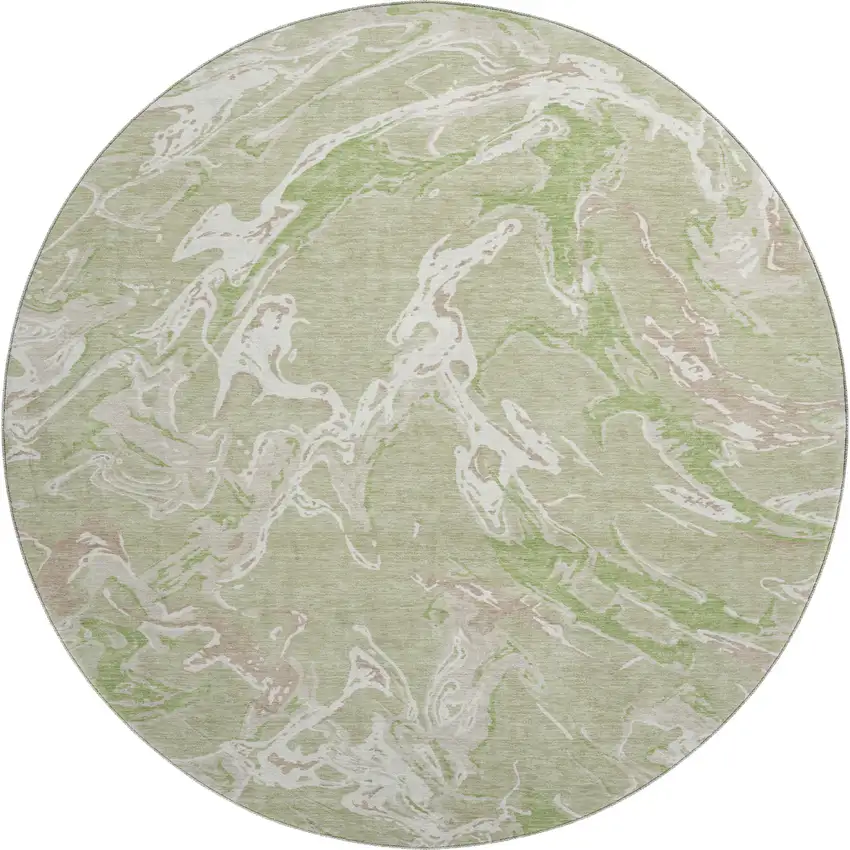 8' Artichoke Green Taupe And Ivory Abstract Washable Round Rug With UV Protection Photo 1
