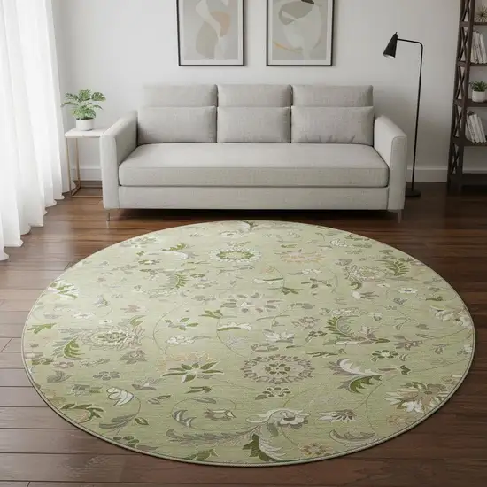 8' Artichoke Green Taupe And Ivory Floral Washable Round Rug With UV Protection Photo 1