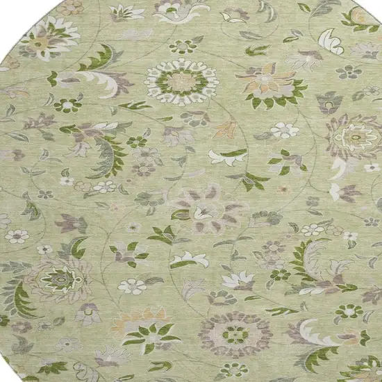8' Artichoke Green Taupe And Ivory Floral Washable Round Rug With UV Protection Photo 2