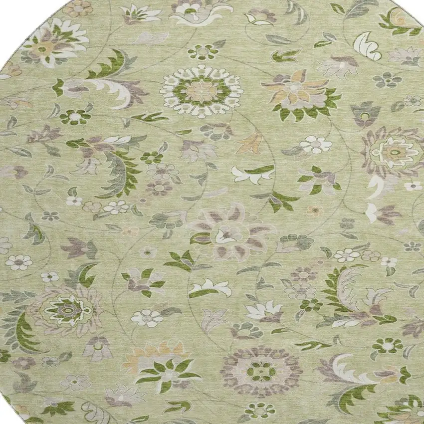 8' Artichoke Green Taupe And Ivory Floral Washable Round Rug With UV Protection Photo 2