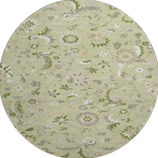 8' Artichoke Green Taupe And Ivory Floral Washable Round Rug With UV Protection Photo 3