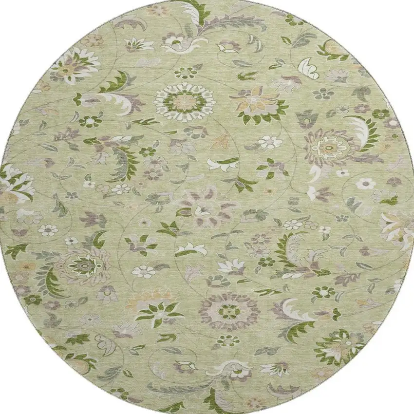 8' Artichoke Green Taupe And Ivory Floral Washable Round Rug With UV Protection Photo 3