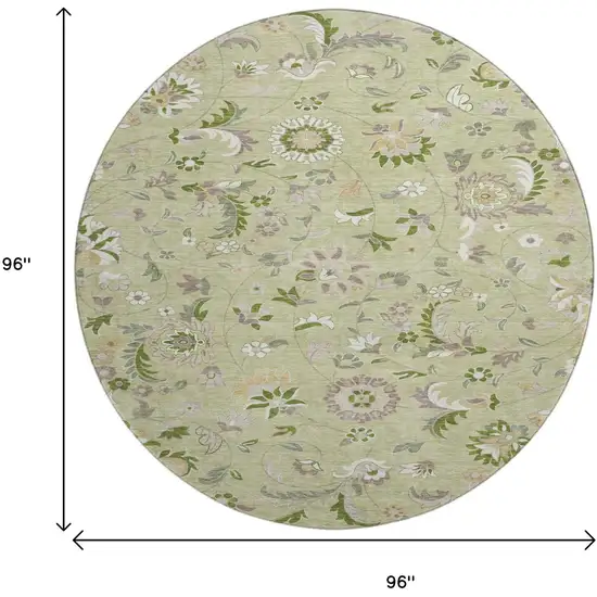 8' Artichoke Green Taupe And Ivory Floral Washable Round Rug With UV Protection Photo 9