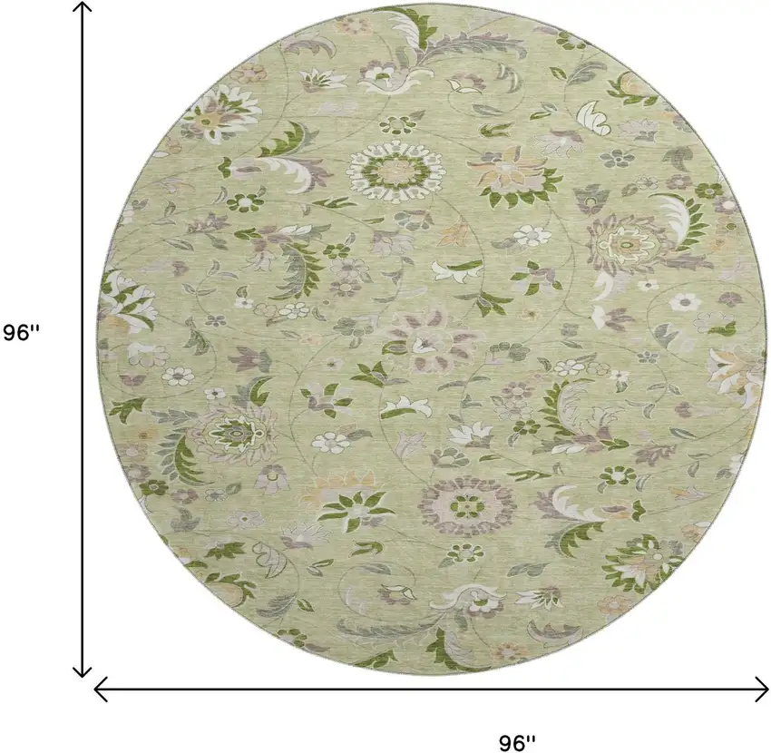 8' Artichoke Green Taupe And Ivory Floral Washable Round Rug With UV Protection Photo 9