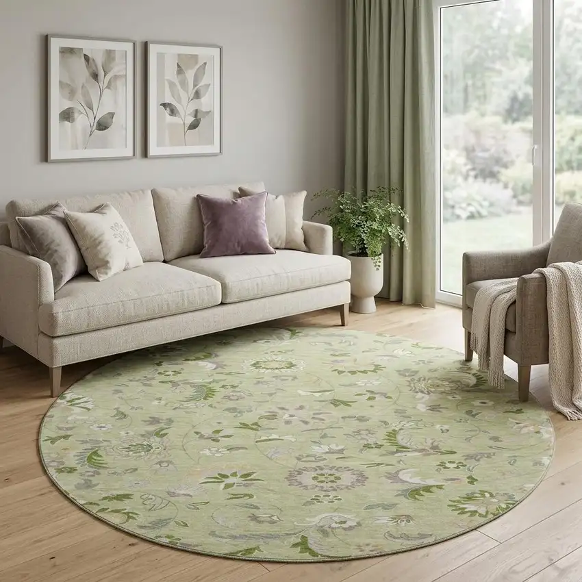 8' Artichoke Green Taupe And Ivory Floral Washable Round Rug With UV Protection Photo 1