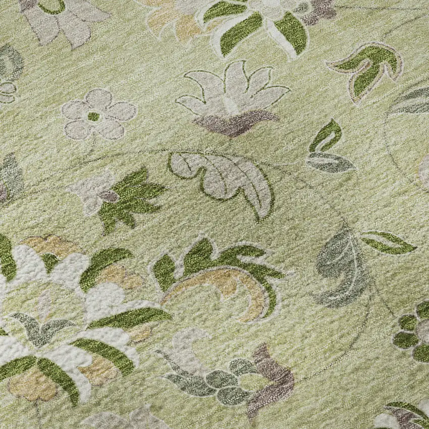 8' Artichoke Green Taupe And Ivory Floral Washable Round Rug With UV Protection Photo 8