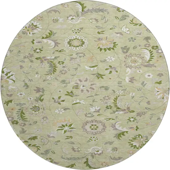 8' Artichoke Green Taupe And Ivory Floral Washable Round Rug With UV Protection Photo 1