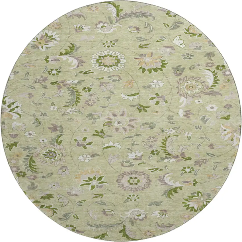 8' Artichoke Green Taupe And Ivory Floral Washable Round Rug With UV Protection Photo 1