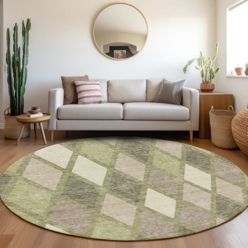 8' Artichoke Green Taupe And Ivory Geometric Washable Round Rug With UV Protection Photo 5