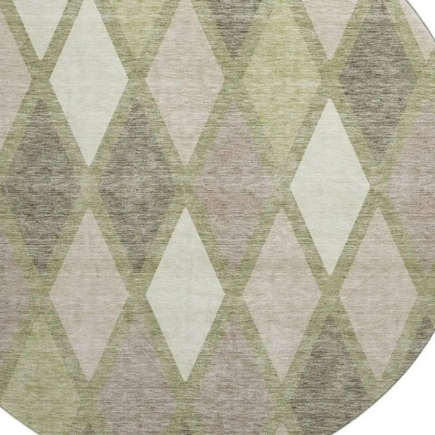 8' Artichoke Green Taupe And Ivory Geometric Washable Round Rug With UV Protection Photo 3