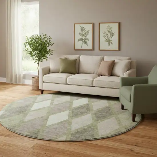 8' Artichoke Green Taupe And Ivory Geometric Washable Round Rug With UV Protection Photo 1