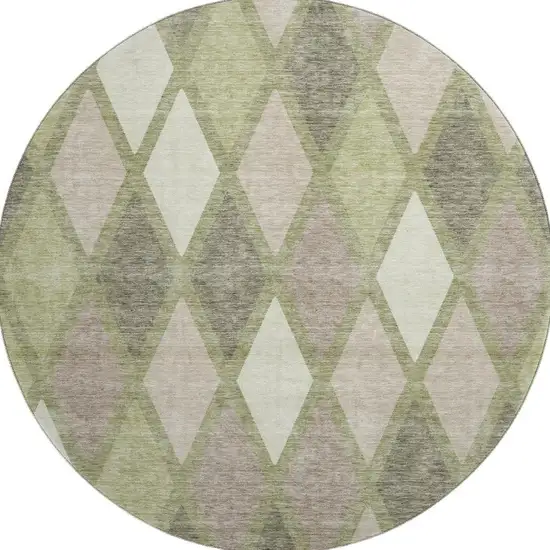 8' Artichoke Green Taupe And Ivory Geometric Washable Round Rug With UV Protection Photo 4
