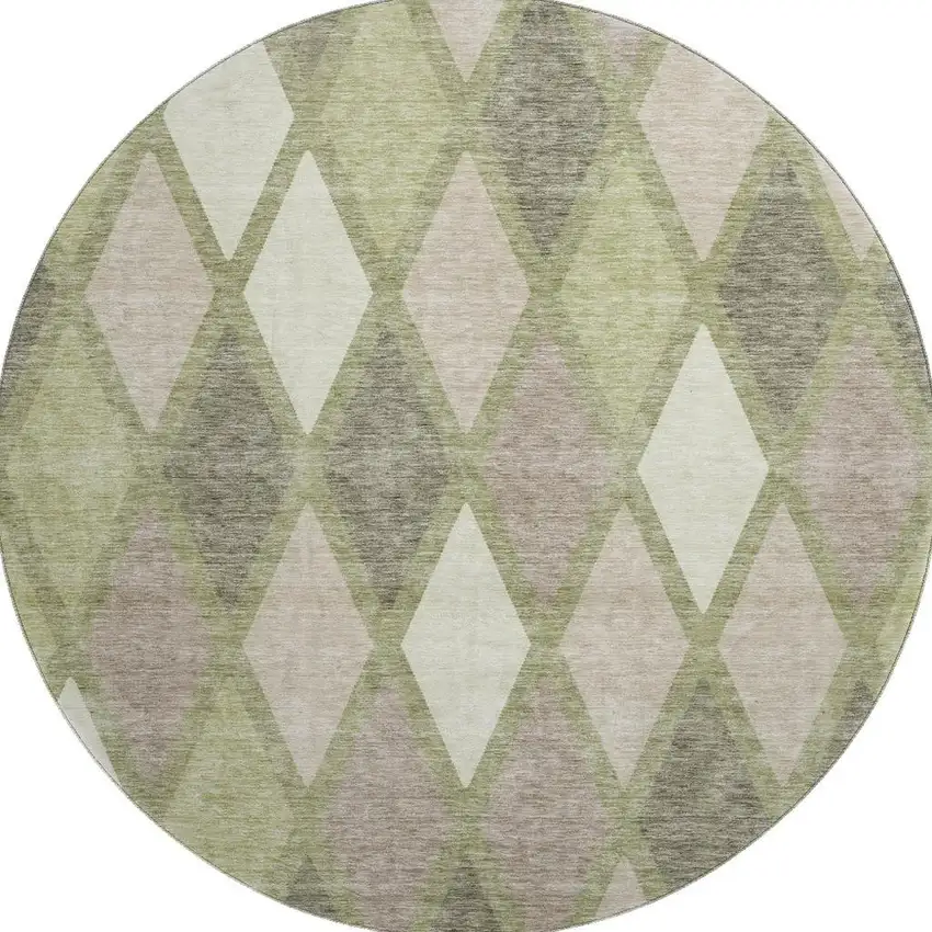 8' Artichoke Green Taupe And Ivory Geometric Washable Round Rug With UV Protection Photo 4