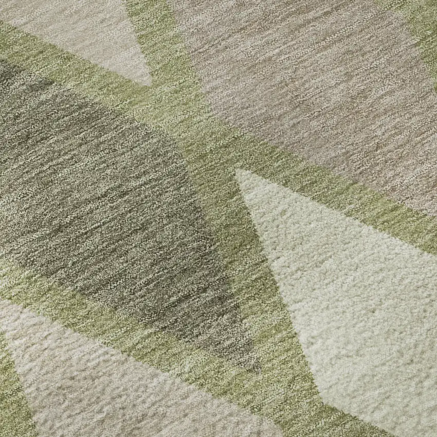 8' Artichoke Green Taupe And Ivory Geometric Washable Round Rug With UV Protection Photo 9