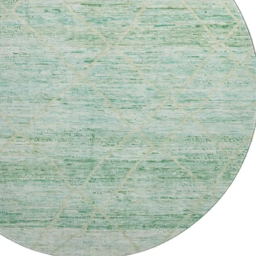 8' Artichoke Green Teal And Ivory Abstract Geometric Washable Round Rug With UV Protection Photo 2