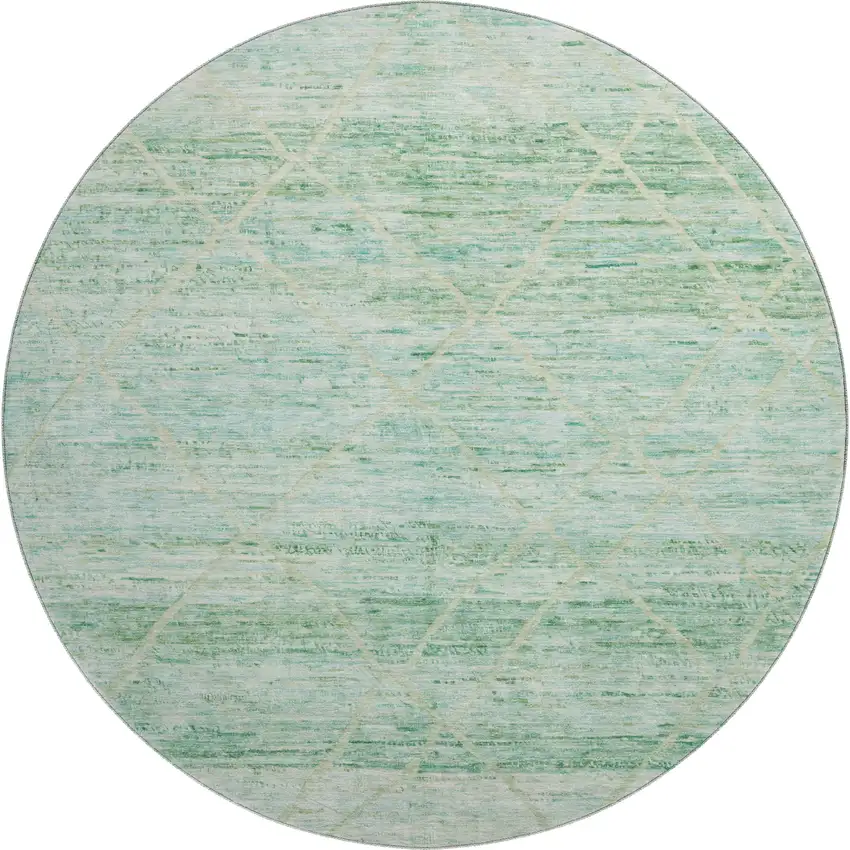 8' Artichoke Green Teal And Ivory Abstract Geometric Washable Round Rug With UV Protection Photo 1