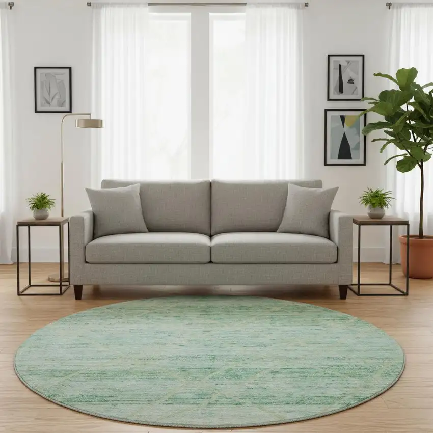 8' Artichoke Green Teal And Ivory Abstract Geometric Washable Round Rug With UV Protection Photo 2