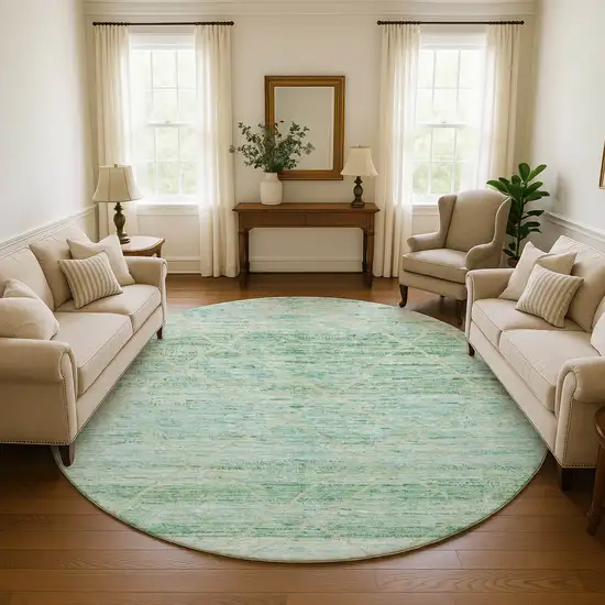 8' Artichoke Green Teal And Ivory Abstract Geometric Washable Round Rug With UV Protection Photo 4