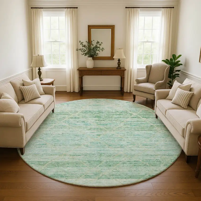 8' Artichoke Green Teal And Ivory Abstract Geometric Washable Round Rug With UV Protection Photo 4