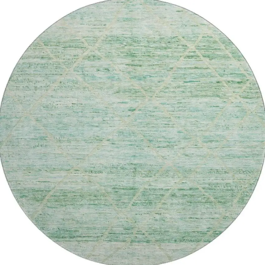 8' Artichoke Green Teal And Ivory Abstract Geometric Washable Round Rug With UV Protection Photo 3