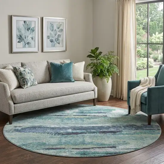 8' Artichoke Green Teal And Ivory Abstract Washable Round Rug With UV Protection Photo 1