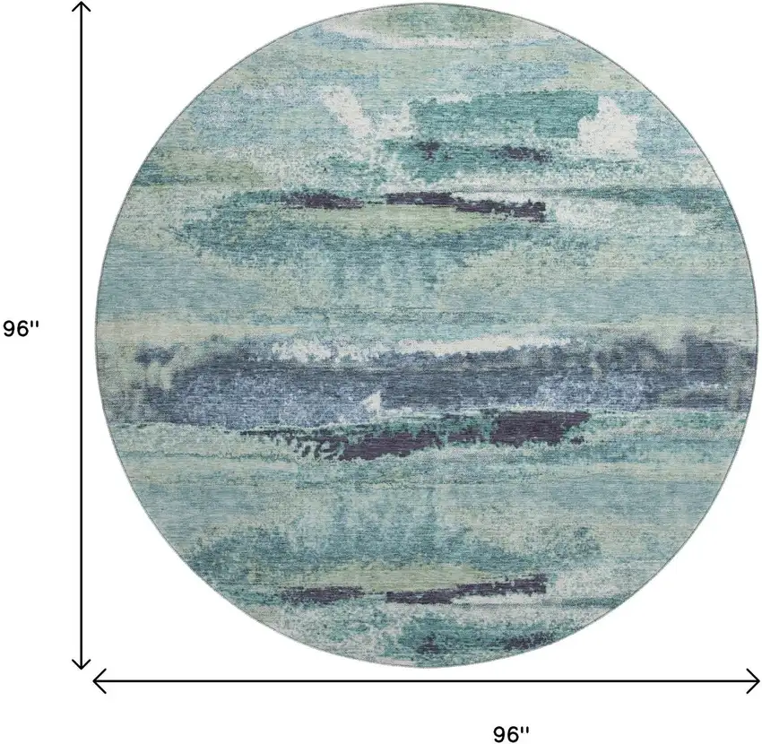 8' Artichoke Green Teal And Ivory Abstract Washable Round Rug With UV Protection Photo 8