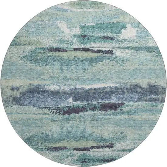 8' Artichoke Green Teal And Ivory Abstract Washable Round Rug With UV Protection Photo 1