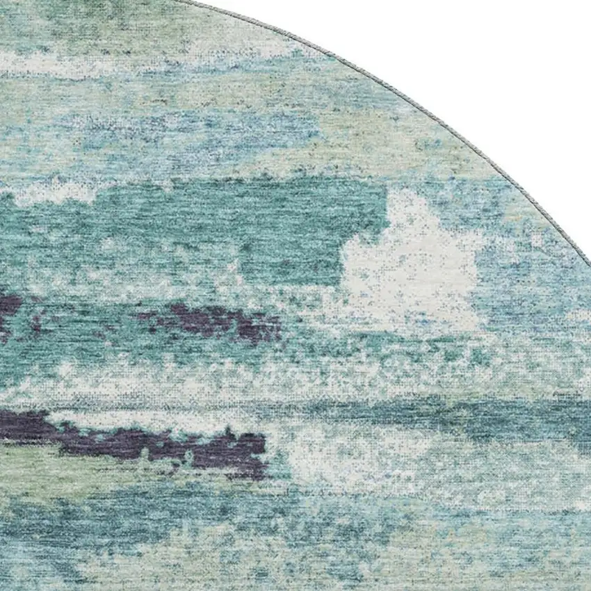 8' Artichoke Green Teal And Ivory Abstract Washable Round Rug With UV Protection Photo 2