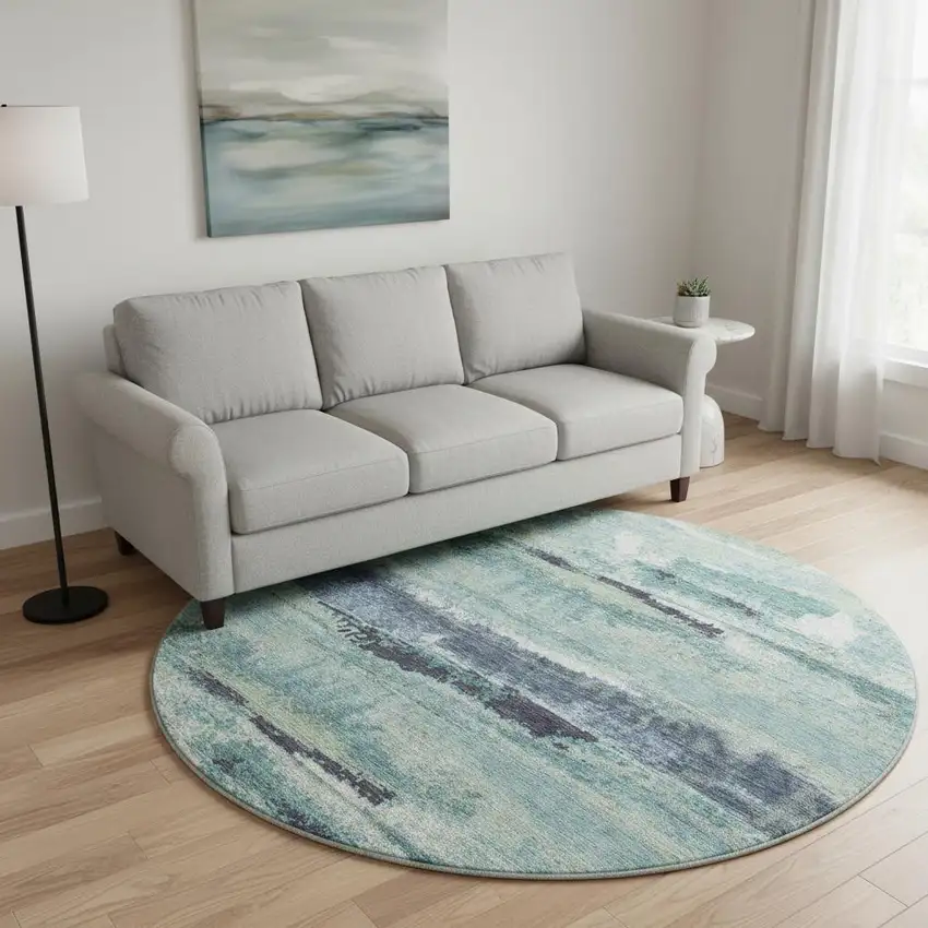 8' Artichoke Green Teal And Ivory Abstract Washable Round Rug With UV Protection Photo 2