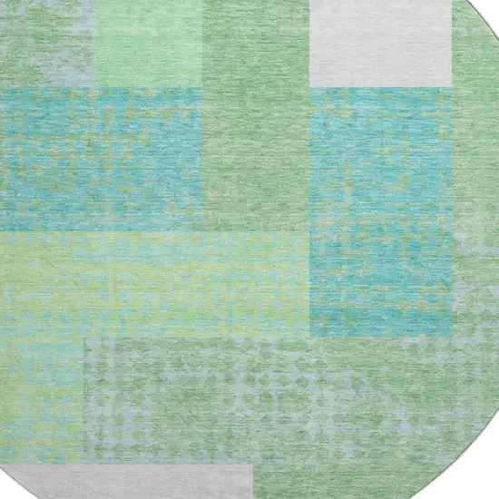 8' Artichoke Green Teal And Ivory Geometric Washable Round Rug With UV Protection Photo 2