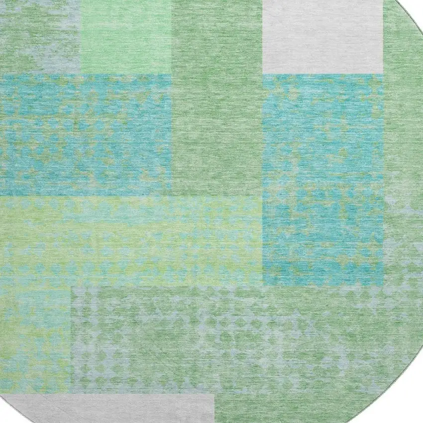 8' Artichoke Green Teal And Ivory Geometric Washable Round Rug With UV Protection Photo 2