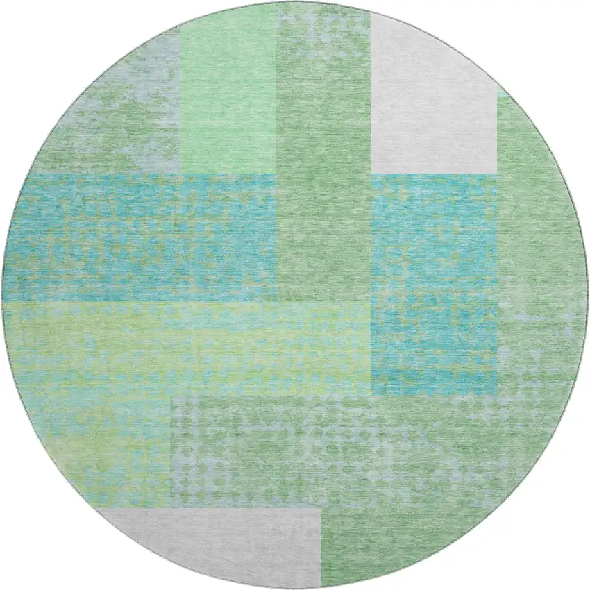 8' Artichoke Green Teal And Ivory Geometric Washable Round Rug With UV Protection Photo 1