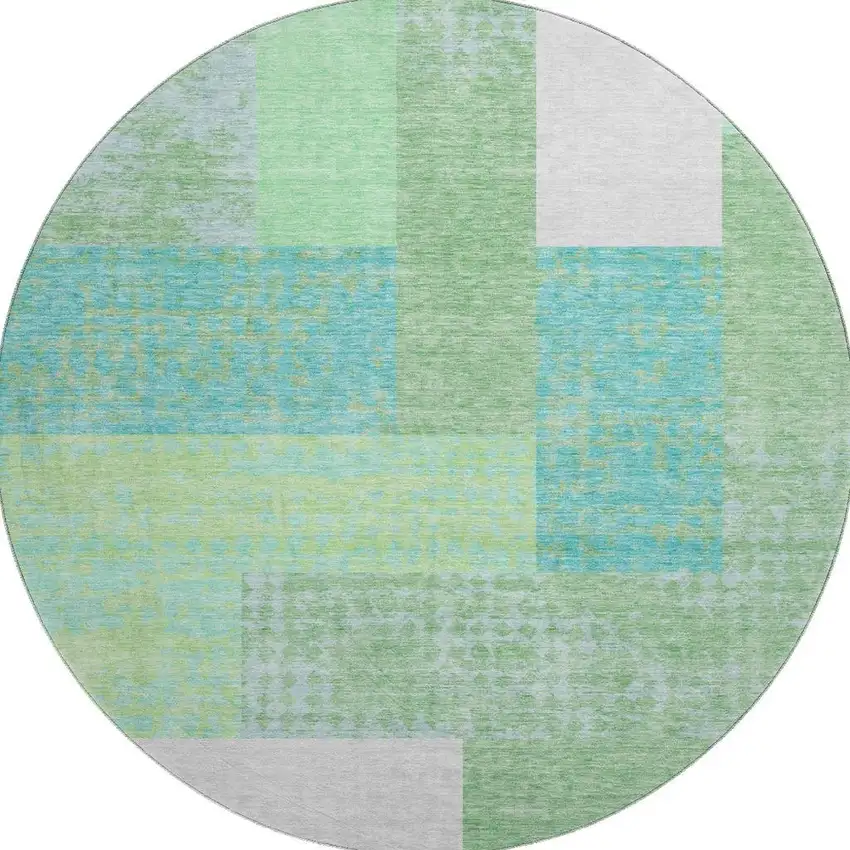 8' Artichoke Green Teal And Ivory Geometric Washable Round Rug With UV Protection Photo 3