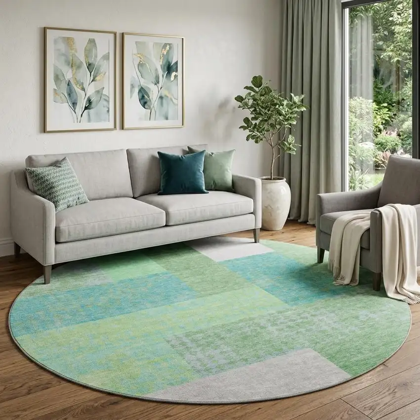 8' Artichoke Green Teal And Ivory Geometric Washable Round Rug With UV Protection Photo 1