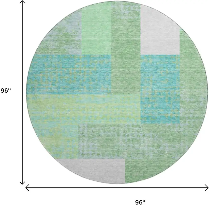 8' Artichoke Green Teal And Ivory Geometric Washable Round Rug With UV Protection Photo 9