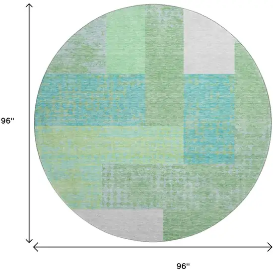 8' Artichoke Green Teal And Ivory Geometric Washable Round Rug With UV Protection Photo 9