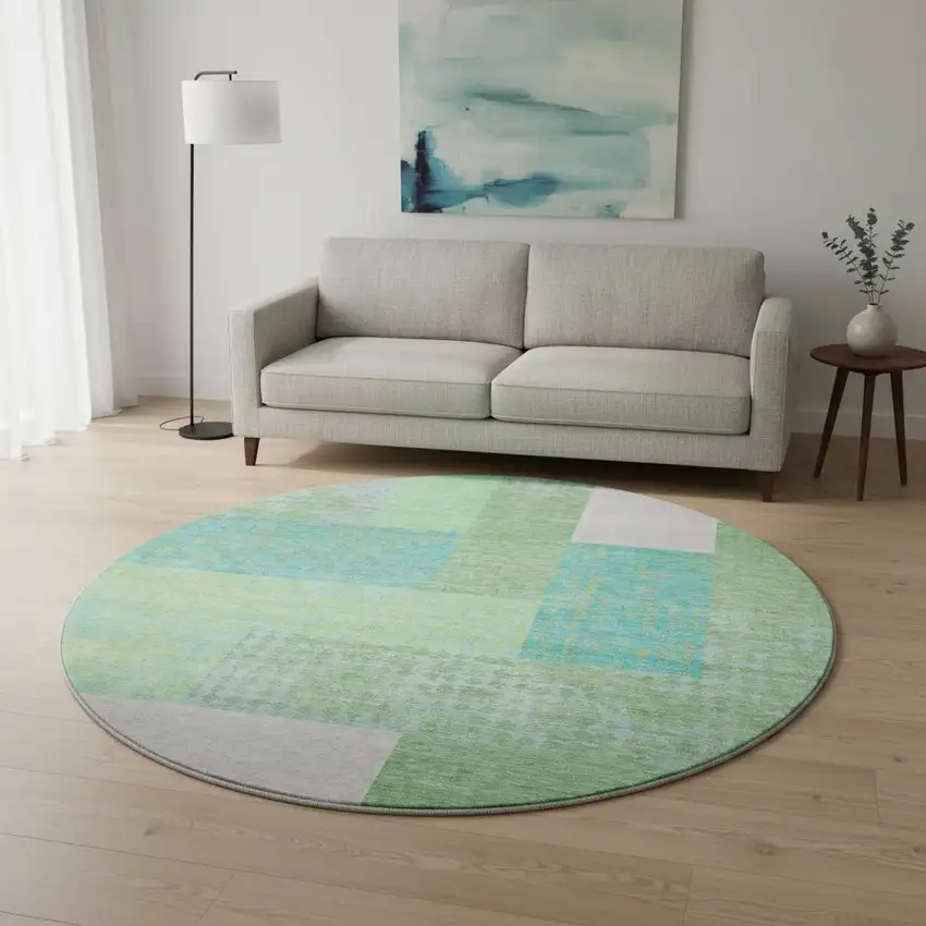 8' Artichoke Green Teal And Ivory Geometric Washable Round Rug With UV Protection Photo 2