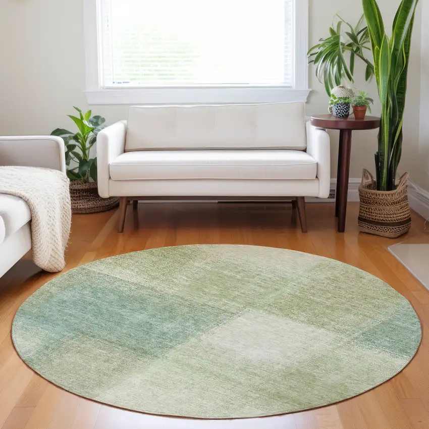 8' Artichoke Green Teal Blue And Beige Abstract Washable Round Rug With UV Protection Photo 4