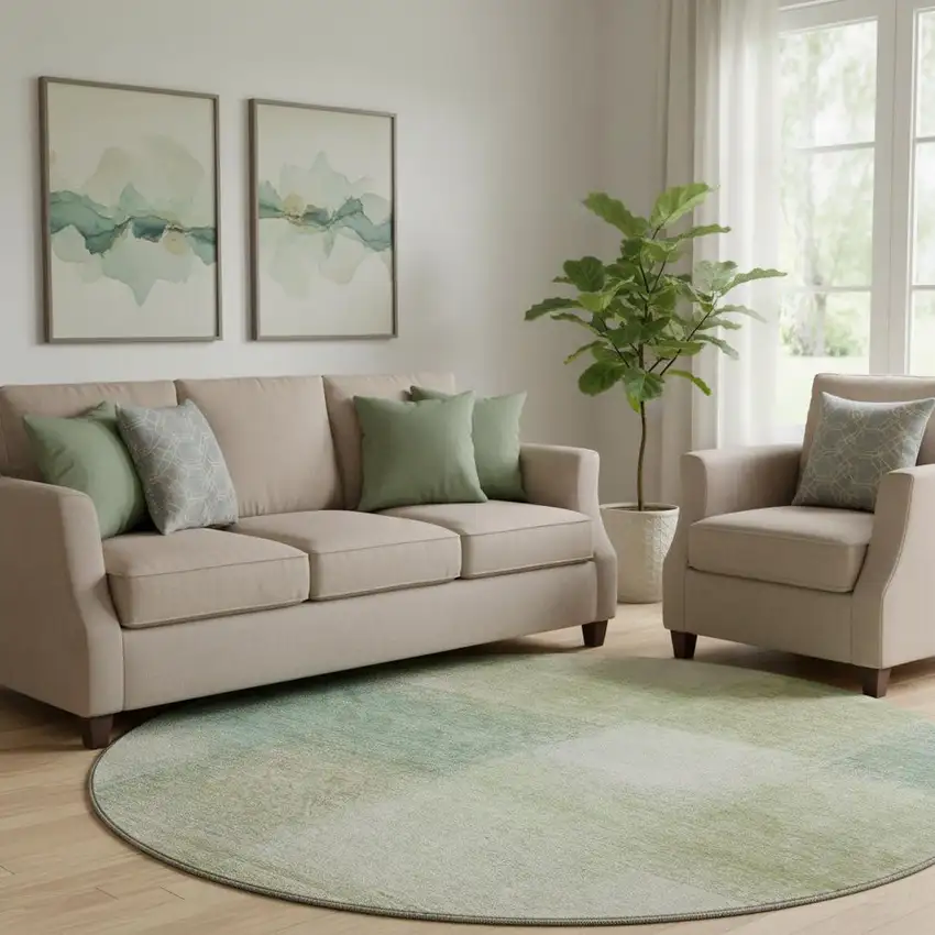 8' Artichoke Green Teal Blue And Beige Abstract Washable Round Rug With UV Protection Photo 1