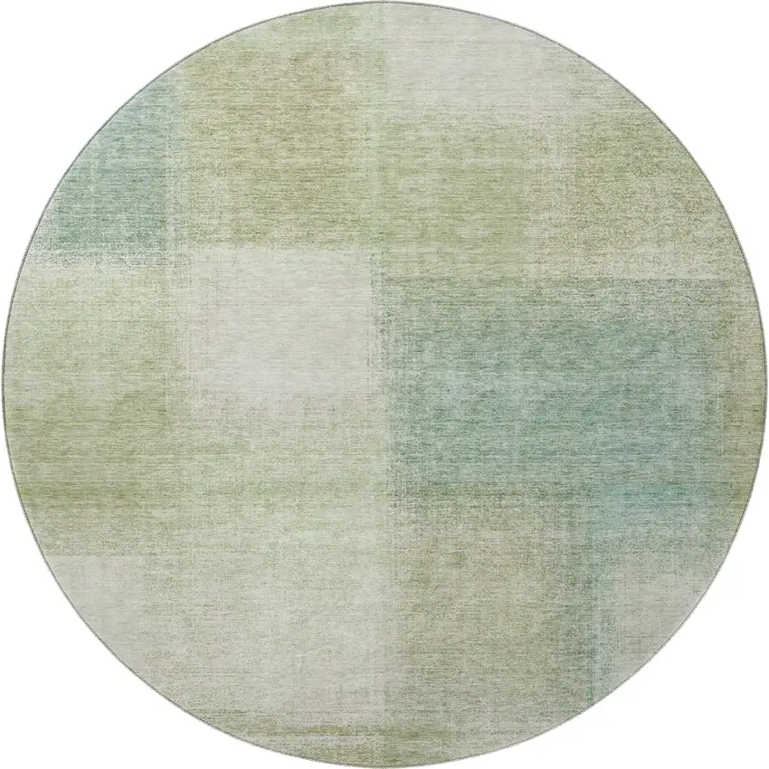 8' Artichoke Green Teal Blue And Beige Abstract Washable Round Rug With UV Protection Photo 3