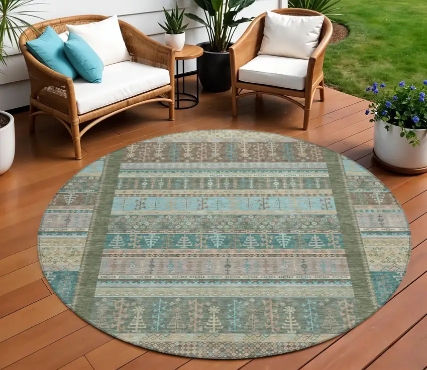 8' Artichoke Green Teal Blue And Beige Round Striped Washable Indoor Outdoor Area Rug Photo 2