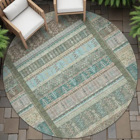 8' Artichoke Green Teal Blue And Beige Round Striped Washable Indoor Outdoor Area Rug Photo 7