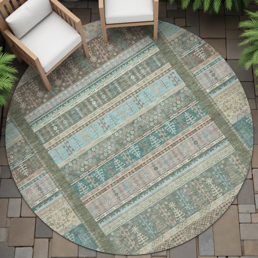 8' Artichoke Green Teal Blue And Beige Round Striped Washable Indoor Outdoor Area Rug Photo 7