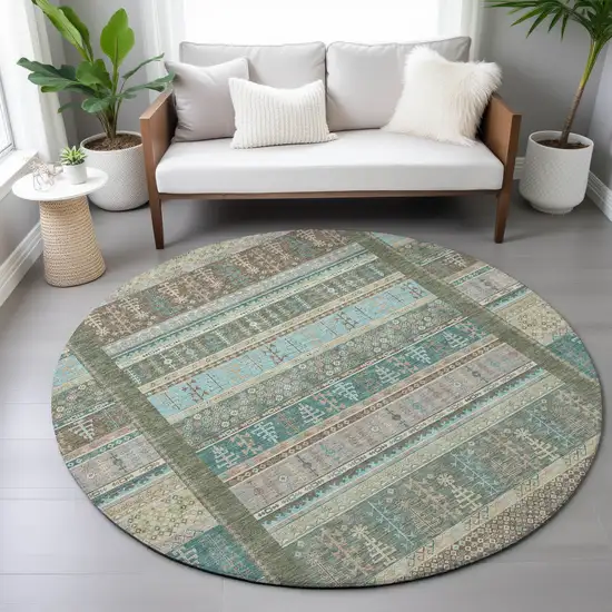 8' Artichoke Green Teal Blue And Beige Round Striped Washable Indoor Outdoor Area Rug Photo 8