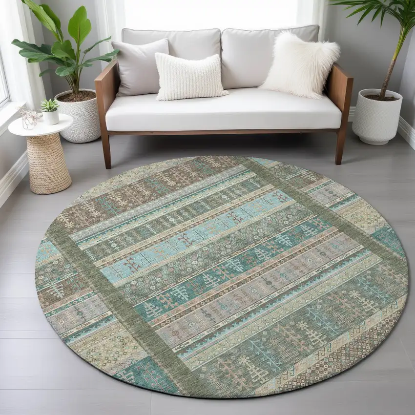 8' Artichoke Green Teal Blue And Beige Round Striped Washable Indoor Outdoor Area Rug Photo 8