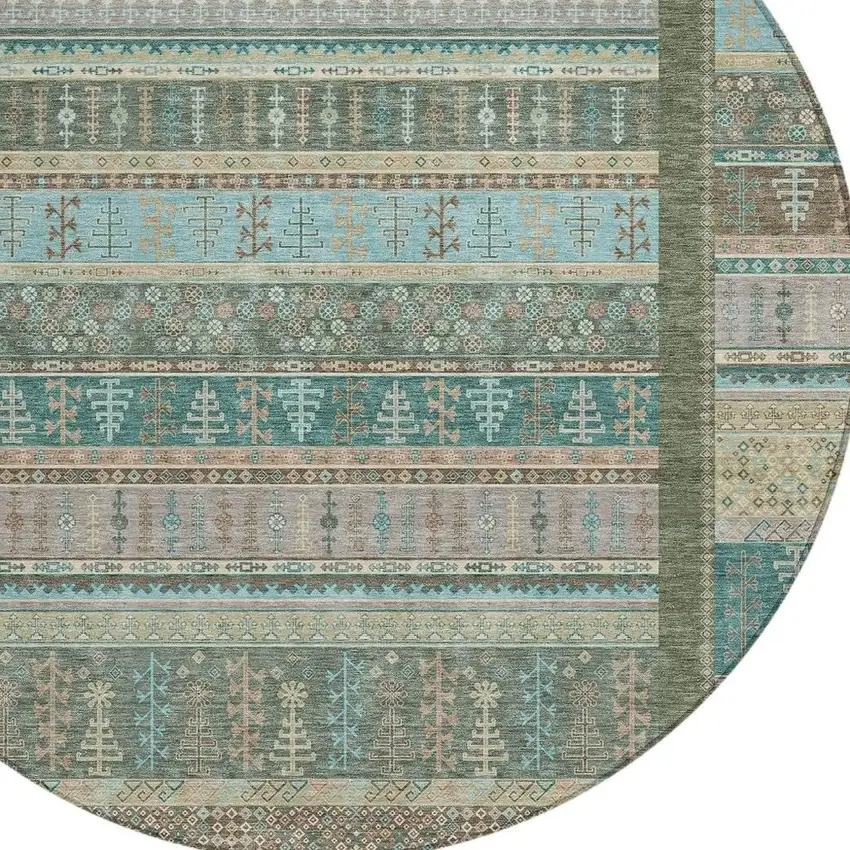 8' Artichoke Green Teal Blue And Beige Round Striped Washable Indoor Outdoor Area Rug Photo 5