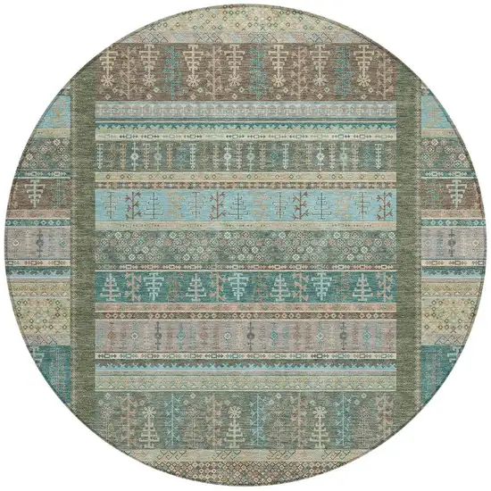8' Artichoke Green Teal Blue And Beige Round Striped Washable Indoor Outdoor Area Rug Photo 3