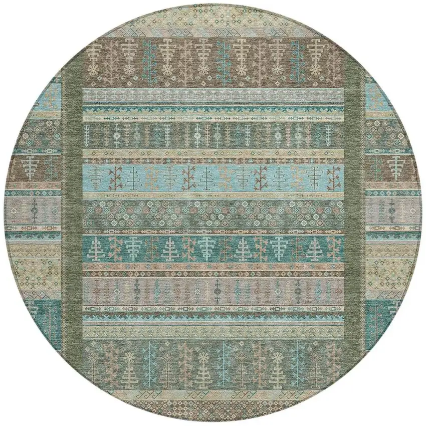 8' Artichoke Green Teal Blue And Beige Round Striped Washable Indoor Outdoor Area Rug Photo 3
