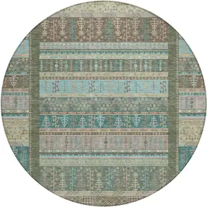 Photo of 8' Artichoke Green Teal Blue And Beige Round Striped Washable Indoor Outdoor Area Rug
